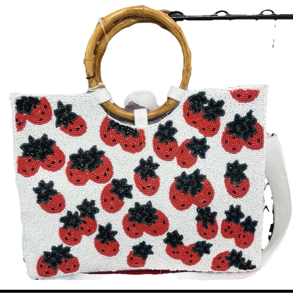 Viral Tik Tok Strawberry Beaded Tote Bag with Bamboo Handles Crossbody Strap New